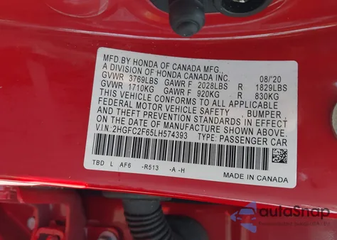 2020 Honda Civic Lx from USA, damaged, VIN 2HGFC2F65LH574393